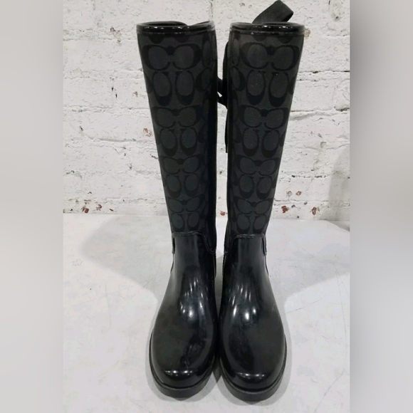 Coach Tristee Designer Signature Monogram Tall Black Rain Boots Q1524 Size 8B - Picture 3 of 6